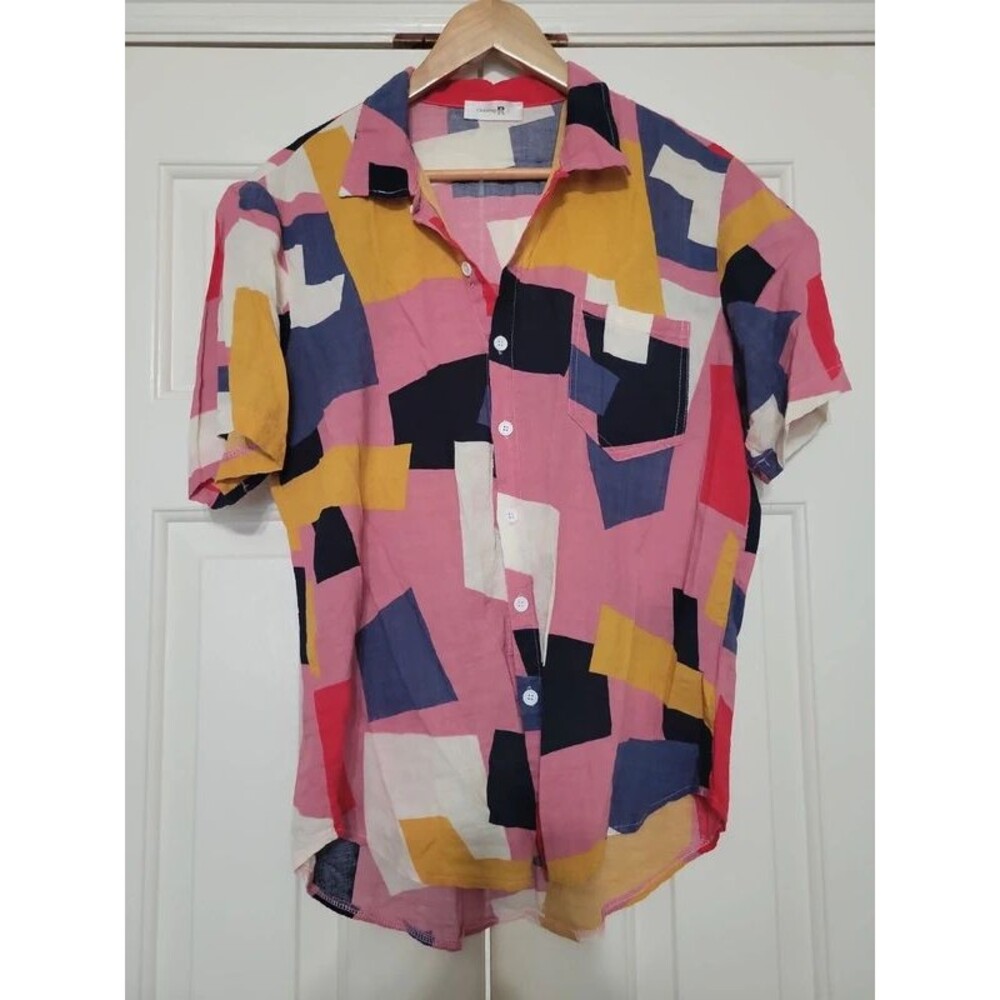 ChArmkpR Men's Abstract Geometric Retro Print Rayon Button Down Shirt – Size Lg